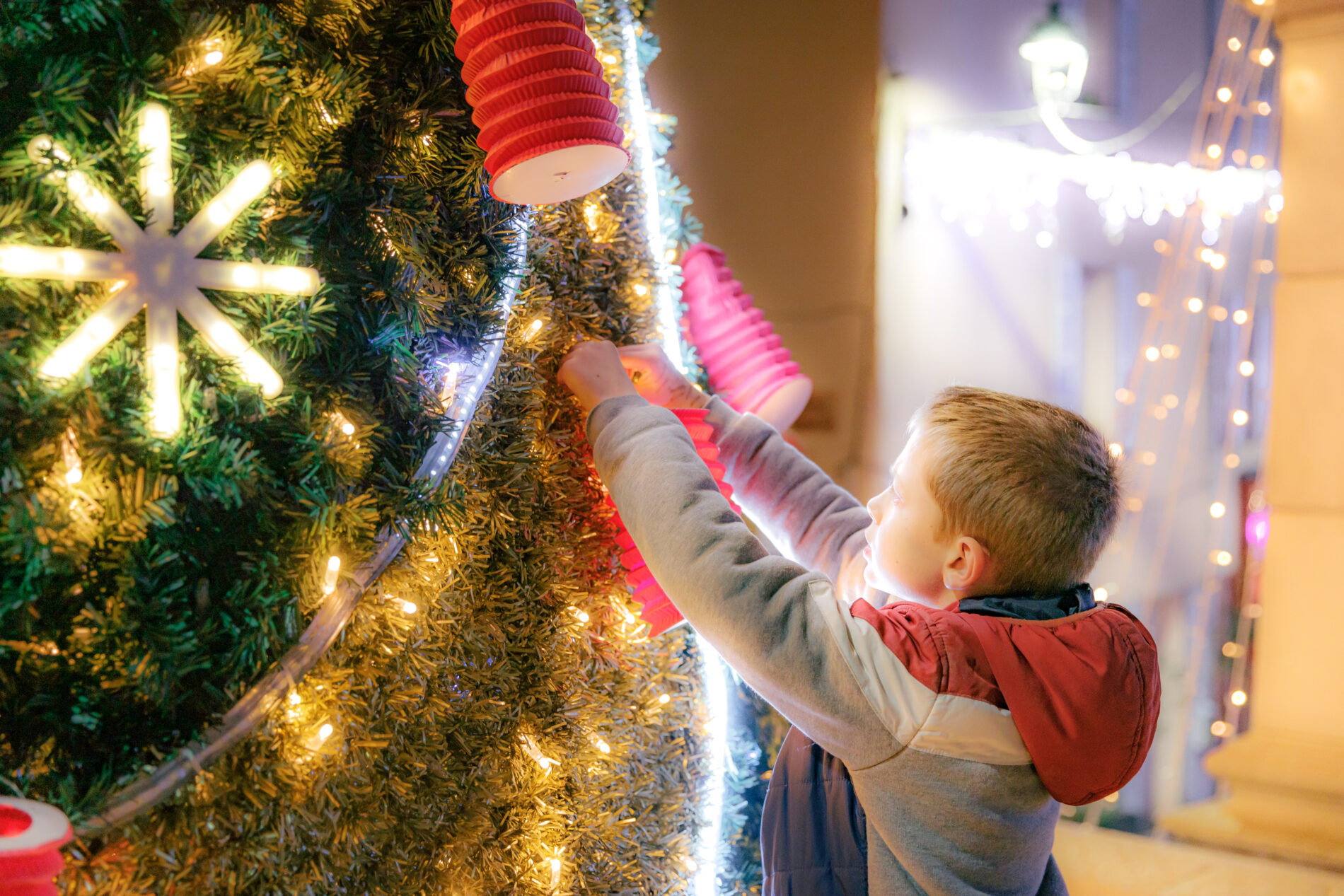 Petit garçon touchant les décorations lumineuses d'un sapin de Noël à Roquebrune-sur-Argens
